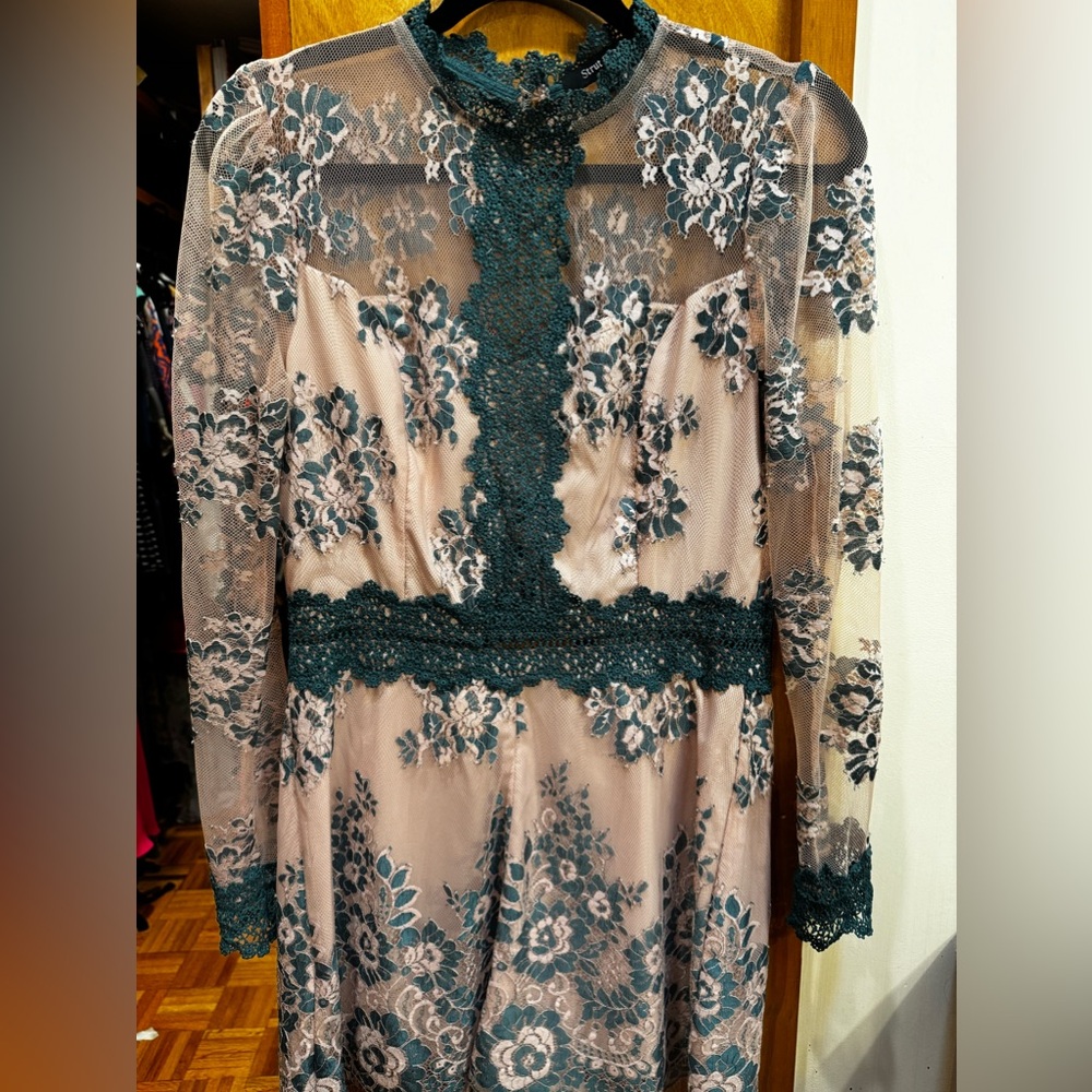 Strut & Bolt green and peach lace, long sleeve, romper. Size small